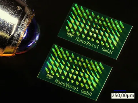 Im 3D-Druck hergestelltes Array von Mikro-Nadeln im Vergleich mit einer Kugelschreiber-Spitze: Hochpräziser 2PP-Druck ermöglicht die Herstellung unübertroffen scharfen Kanten